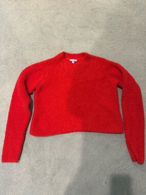 Women's Red Crewneck Fuzzy Sweater - Casual Pullover